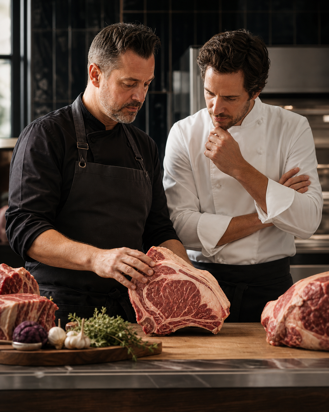Boucher et chef échangeant autour d’une pièce de viande