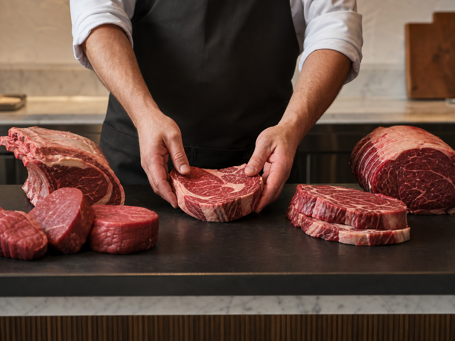 Boucher préparant des pièces de viande pour des professionnels